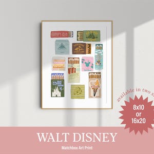 May include: A digital illustration of vintage matchbox labels featuring various Disney characters and attractions. The labels are arranged in a grid pattern on a white background. The text "WALT DISNEY Matchbox Art Print" is displayed below the image.