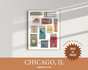 Chicago Illinois Matchbook Art Print, Vintage Style Illustration