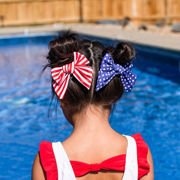 Swim Pigtail Bows, Stars And Stripes, Swim Patriotic Bows, Patriotic Pigtails, American Girl Bows, Toddler Bows, Toddler Hair Clips