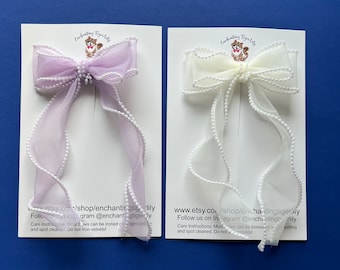 Pearl Hair Bows, Coquette Bow, Flower Girl Bow, Organza Bow, Long Hair Bows, Bridal Hair Bow