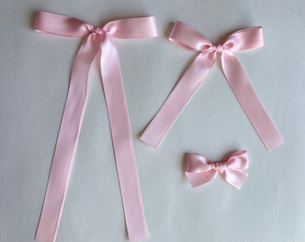 Light Pink Satin Hair Bow, Baby Satin Bow, Women Bows, Toddler Hair Bows, Long Tail Bows, Spring Bows, Ballerina Bow