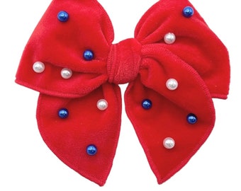 Patriotic Red Velvet Pearl Beaded Hair Bow, Toddler Hair Bows, Fourth of July Bows