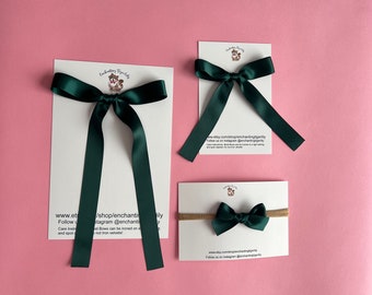 Hunter Green Satin Hair Bow, Ribbon Bow, Women Bows, Toddler Hair Bows, Long Tail Bows, Christmas Bows