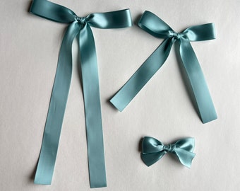 Seafoam Satin Hair Bow, Baby Satin Bow, Women Bows, Toddler Hair Bows, Long Tail Bows, Spring Bows