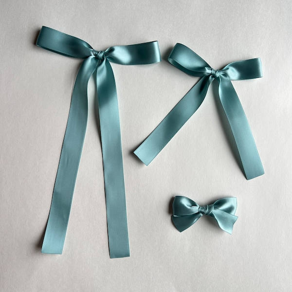 Seafoam Satin Hair Bow, Baby Satin Bow, Women Bows, Toddler Hair Bows, Long Tail Bows, Spring Bows