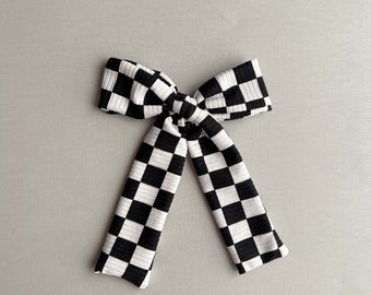 Black and White Checkered Hair Bow, Women's Bow, Long Hair Bows, Teen Girl Hair Bows, Race Day Hair Bow, Checkered Racing Bow