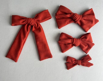 Burnt Orange Hair Bow, Rib Knit Bows, 4 bow sizes, School Girl Bows, Baby Bows, Pigtail Bows, Orange Hair Bow