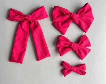Fuchsia Hair Bow, Rib Knit Bows, 4 bow sizes, School Girl Bows, Baby Bows, Pigtail Bows, Pink Hair Bow