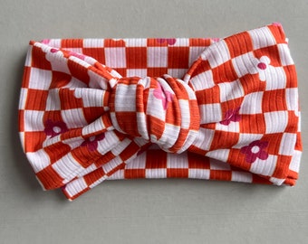 Orange Checkered Oversized Bow Headbands, Baby Girl Bows, Fall Headbands, Newborn Baby Bows, Headwrap for Babies