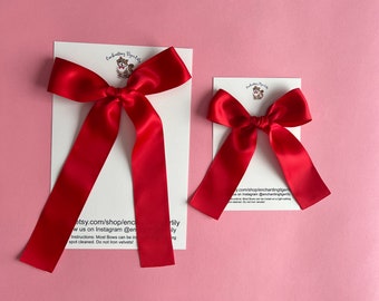 Red Satin Tie Bow, Women Bows, Toddler Hair Bows, Long Tail Bows, Christmas Bows, Valentine Bows