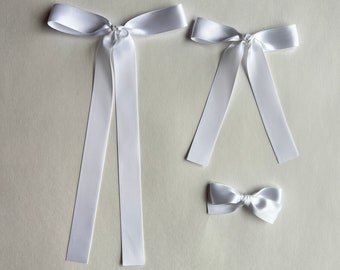 White Satin Hair Bow, Baby Satin Bow, Women Bows, Toddler Hair Bows, Long Tail Bows, Spring Bows