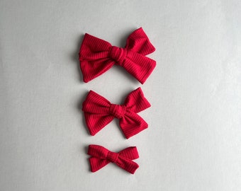 Red Ribbed Hair Bow, Rib Knit Bows, School Girl Bows, Baby Bows, Pigtail Bows, Solid Color Hair Bow, Fall Hair Bow