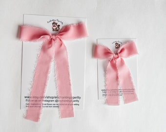 Pink Chiffon Hair Bow, Adult Bows, Toddler Hair Bows, Long Tail Bows, Easter Bow, Chiffon Girls Bow Clip