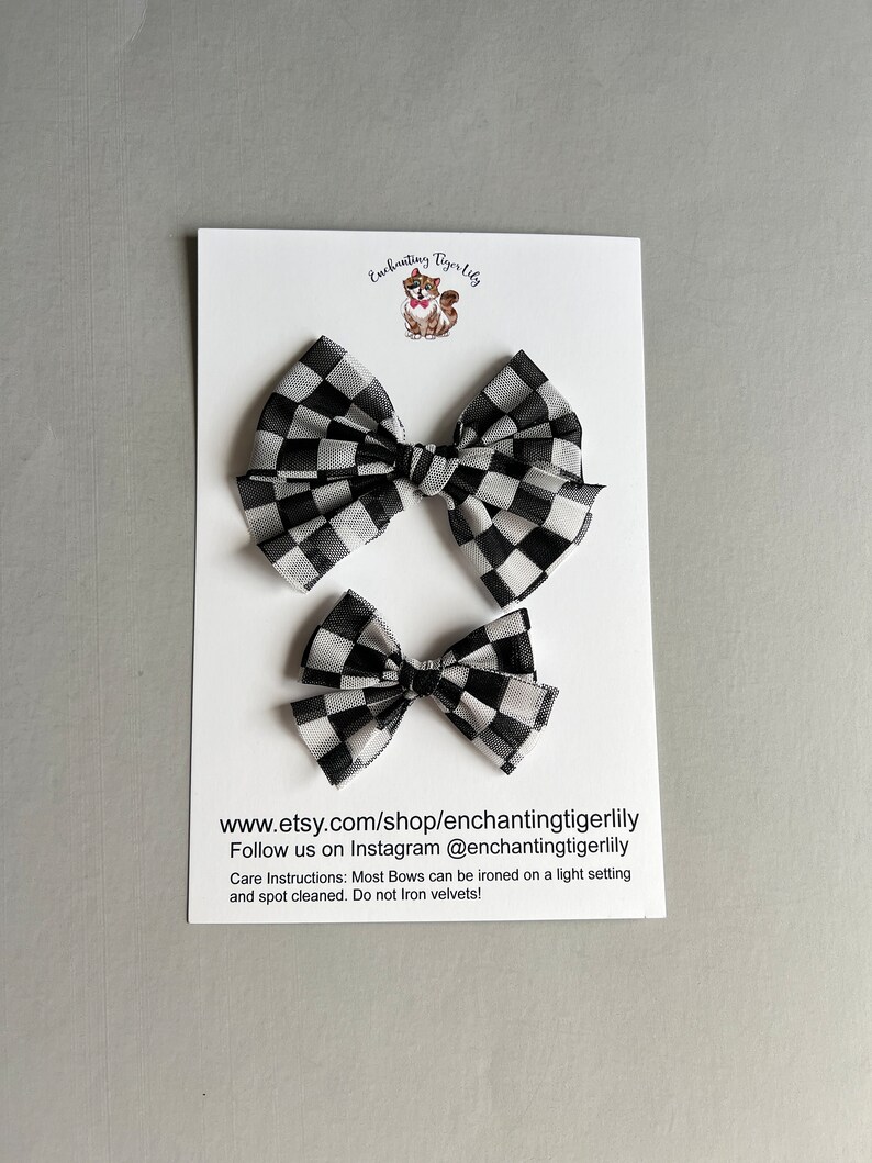 Racing Checkered Flag Bow, Black and White Checkered Bow, Racing Hair Bows, Off Road Races, Summer Bows, Mesh Hair Bows image 3