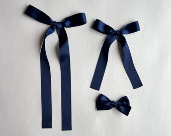 Navy Satin Hair Bow, Baby Satin Bow, Women Bows, Toddler Hair Bows, Long Tail Bows, Spring Bows