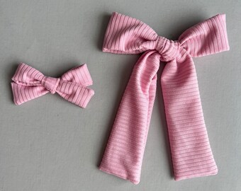 Pastel Pink Hair Bow, Rib Knit Bows, School Girl Bows, Baby Bows, Pigtail Bows, Pink Hair Bow