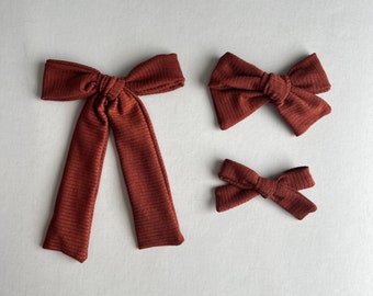 Brown Ribbed Knit Hair Bow: School Girl, Baby, Pigtail Bow