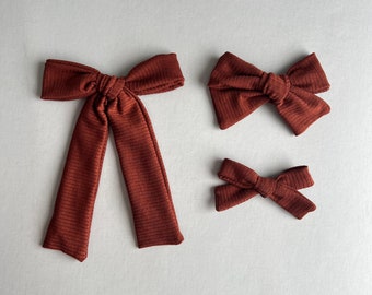 Brown Ribbed  Hair Bow, Rib Knit Bows, 3 bow sizes, School Girl Bows, Baby Bows, Pigtail Bows, Neutral Hair Bow