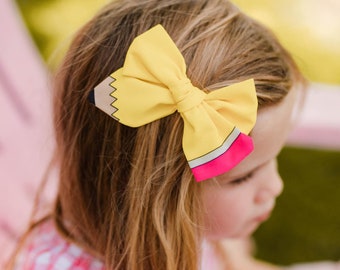 Pencil Hair Bow, Back To School Bow, First Day of School Hair Bow, Nylon Headband, Alligator Clips , Ready to Ship