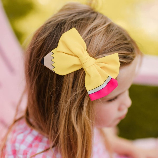 Pencil Hair Bow, Back To School Bow, First Day of School Hair Bow, Nylon Headband, Alligator Clips , Ready to Ship
