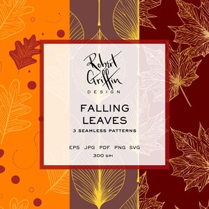 Op de afbeelding: Afbeelding met drie naadloze patronen met een herfstthema. De patronen tonen gestileerde bladeren in goud, oranje en bordeaux. De tekst "FALLING LEAVES" wordt weergegeven, samen met de naam van de ontwerper en bestandsformaatdetails.
