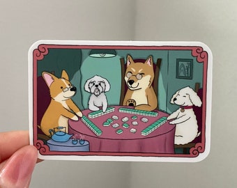 Adesivo in vinile con cani che giocano a Mahjong