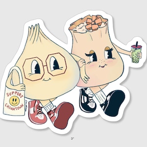 May include: Two cartoon dumplings, one wearing glasses and holding a bag that says "Support Chinatown" with a smiley face, and the other holding a green bubble tea. The dumplings are both wearing shoes and walking.
