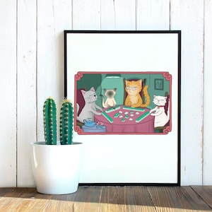 May include: A framed print featuring a whimsical illustration of four cats playing mahjong. The cats, in various colors, are seated around a pink table. The artwork is set against a teal background and framed in black, with a white background.