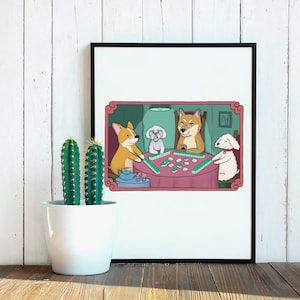 Dogs Playing Mahjong Digital Print