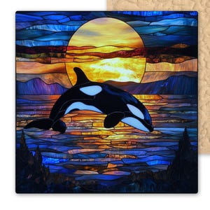 Orca Stained Glass Tile Art - Ocean Sunset Ceramic Trivet for Coastal Home Decor, Wildlife Gift Killer Whale Wall Art Gift