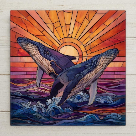 Stained Glass Whale Ceramic Tile Wall Art – Ocean Sunset Decor, Majestic Marine Life Art, Meaningful Coastal Home Decor Gift