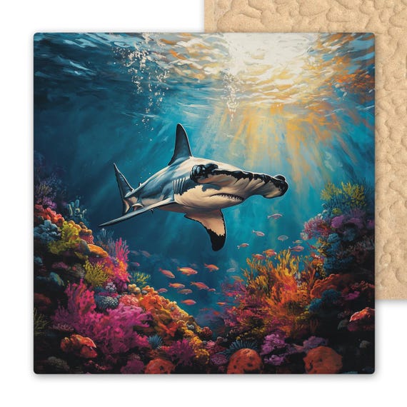 Handcrafted Hammerhead Shark Ceramic Tile Art: Ocean Coral Reef Wall Decor for Beach House & Marine Enthusiasts