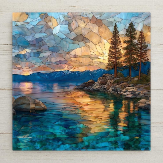 Lake Tahoe Ceramic Tile Wall Art - Mountain Sunset Stained Glass Style Coastal Nature Home Decor Gift
