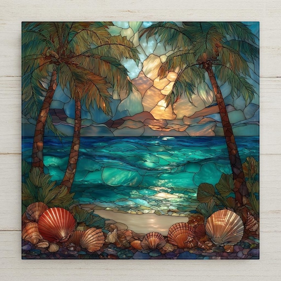 Ocean Waves Sunset Ceramic Tile: Coastal Beach House Wall Art