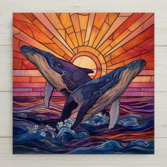 Stained Glass Whale Ceramic Tile Wall Art – Ocean Sunset Decor, Majestic Marine Life Art, Meaningful Coastal Home Decor Gift