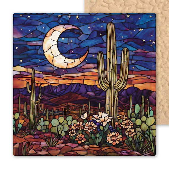 Handcrafted Stained Glass Desert Tile: Moon & Cactus Wall Art, Southwest Ceramic Saguaro Sunset Decor