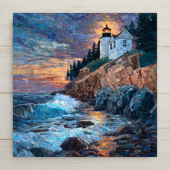 Bass Harbor Head Lighthouse Ceramic Tile Wall Art – Maine Coast Stained Glass Style, Acadia National Park Ocean Home Decor
