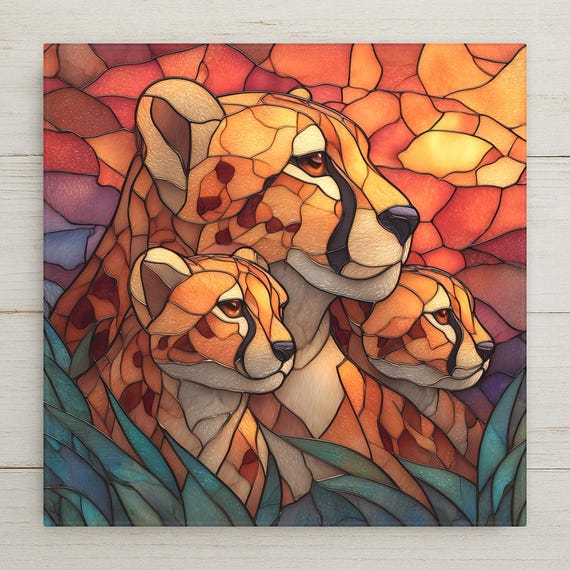 Cheetah Cubs Wall Art Ceramic Tile Stained Glass Style Safari Gift African Wildlife Memorial Decor Art