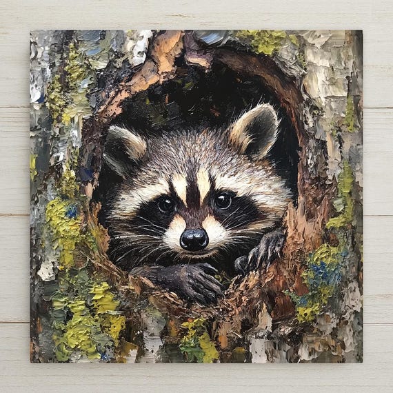 Rustic Raccoon Ceramic Tile Art: Woodland Animal Wall Decor