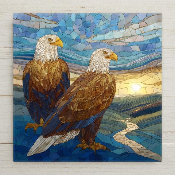 Bald Eagle Pair Ceramic Tile Wall Art – Stained Glass Style Wildlife Decor, Symbol of Strength & Unity, Patriotic Home Decor Gift