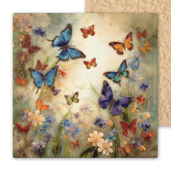 Enchanting Butterfly Garden Mosaic: Vibrant Ceramic Tile Wall Art for Nature-Inspired Home Decor