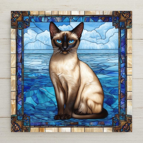 Elegant Siamese Cat Ceramic Tile: Stained Glass-Inspired Wall Art, Trivet, Coastal Home Decor Gift
