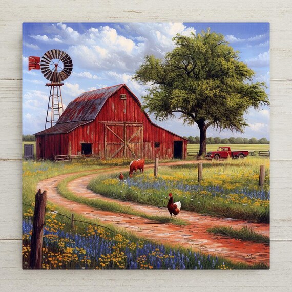 Rustic Red Barn Ceramic Tile Art: Farmhouse Decor
