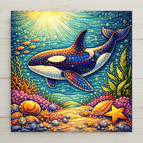 Whimsical Orca Ceramic Tile Wall Art – Coastal Ocean Nursery Decor, Stained Glass Style Killer Whale, Beach House Home Decor