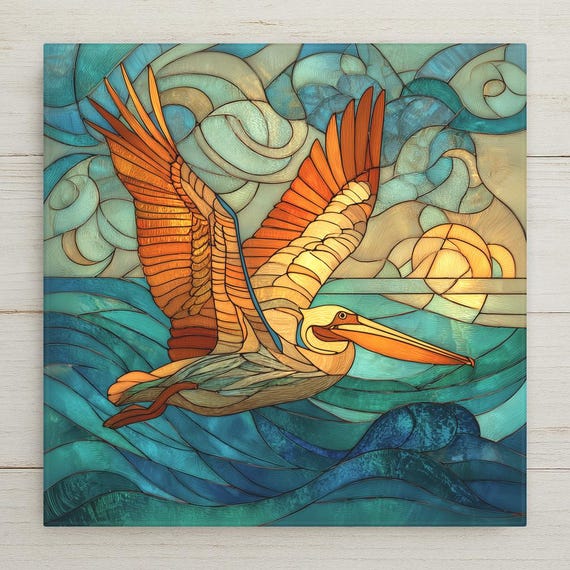 Pelican Ceramic Tile Wall Art – Stained Glass Style Coastal Wall Decor, Ocean Bird Home Decor Gift