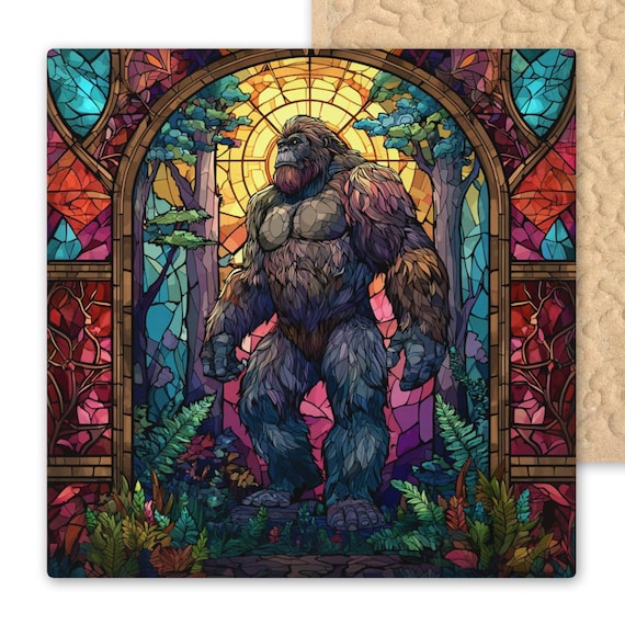 Stained Glass Sasquatch Ceramic Tile: Bigfoot Forest Wall Art for Cryptid Lovers