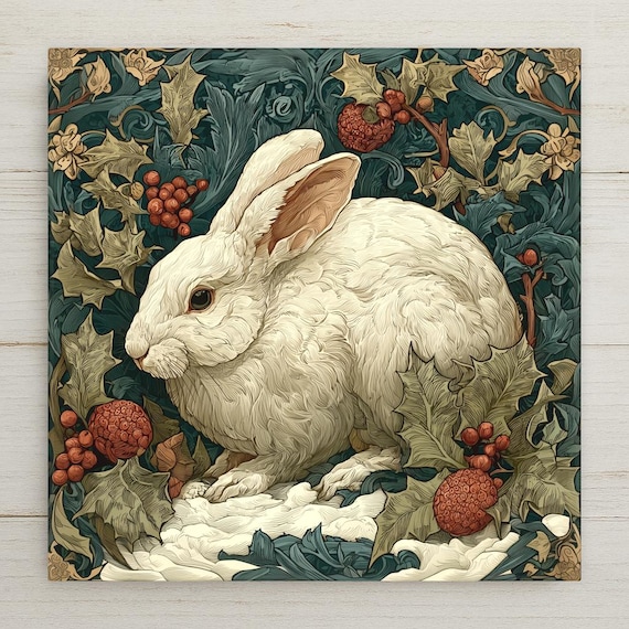 William Morris Winter Rabbit Ceramic Art Tile: Christmas Wall Decor Art Nouveau Vintage Holiday Gift Traditional Home Decor