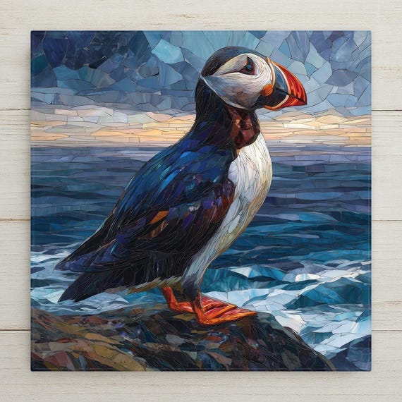 Puffin Ceramic Tile Wall Art – Coastal Bird Mosaic Style, Ocean Wildlife Decor, Nautical Home Decor, Nature Lover Gift