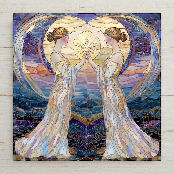 Gemini Zodiac Ceramic Tile: Stained Glass Twins Wall Art, Astrology Gift for May-June Birthday