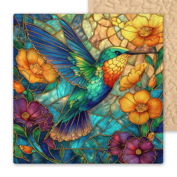 Hummingbird Ceramic Tile Art - Stained Glass Style Wall Decor - Colorful Bird and Flower Design for Garden and Nature Lovers